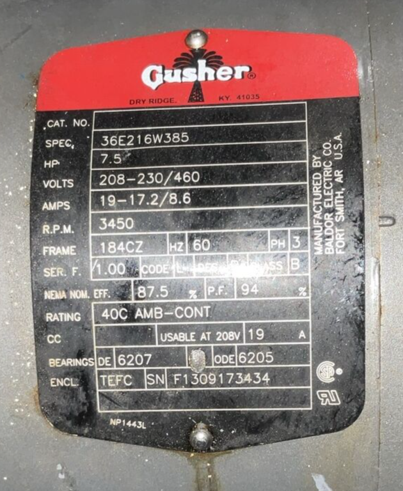 GUSHER PUMPS 11031NS-A 36E216W385 7.5HP 208-230/460V 3450RPM 3PH 19-17.2/8.6AMP