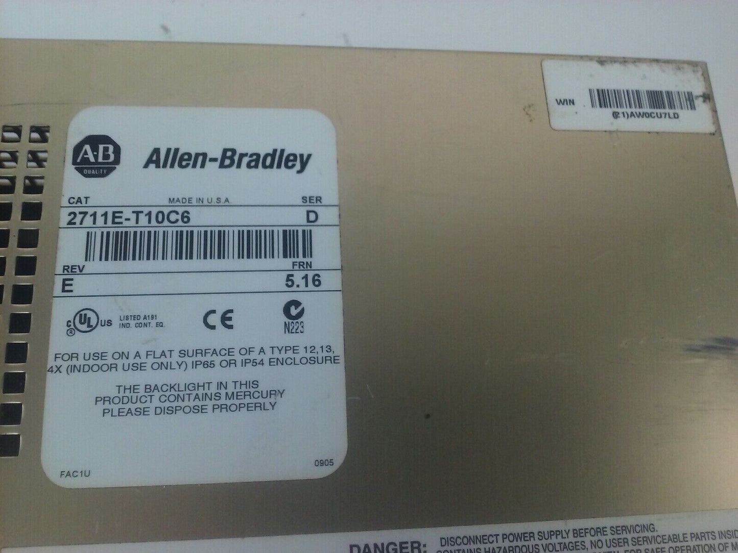 ALLEN BRADLEY 2711E-T10C6 SER. D REV. E PANELVIEW 1000E TERMINAL FRN 5.16