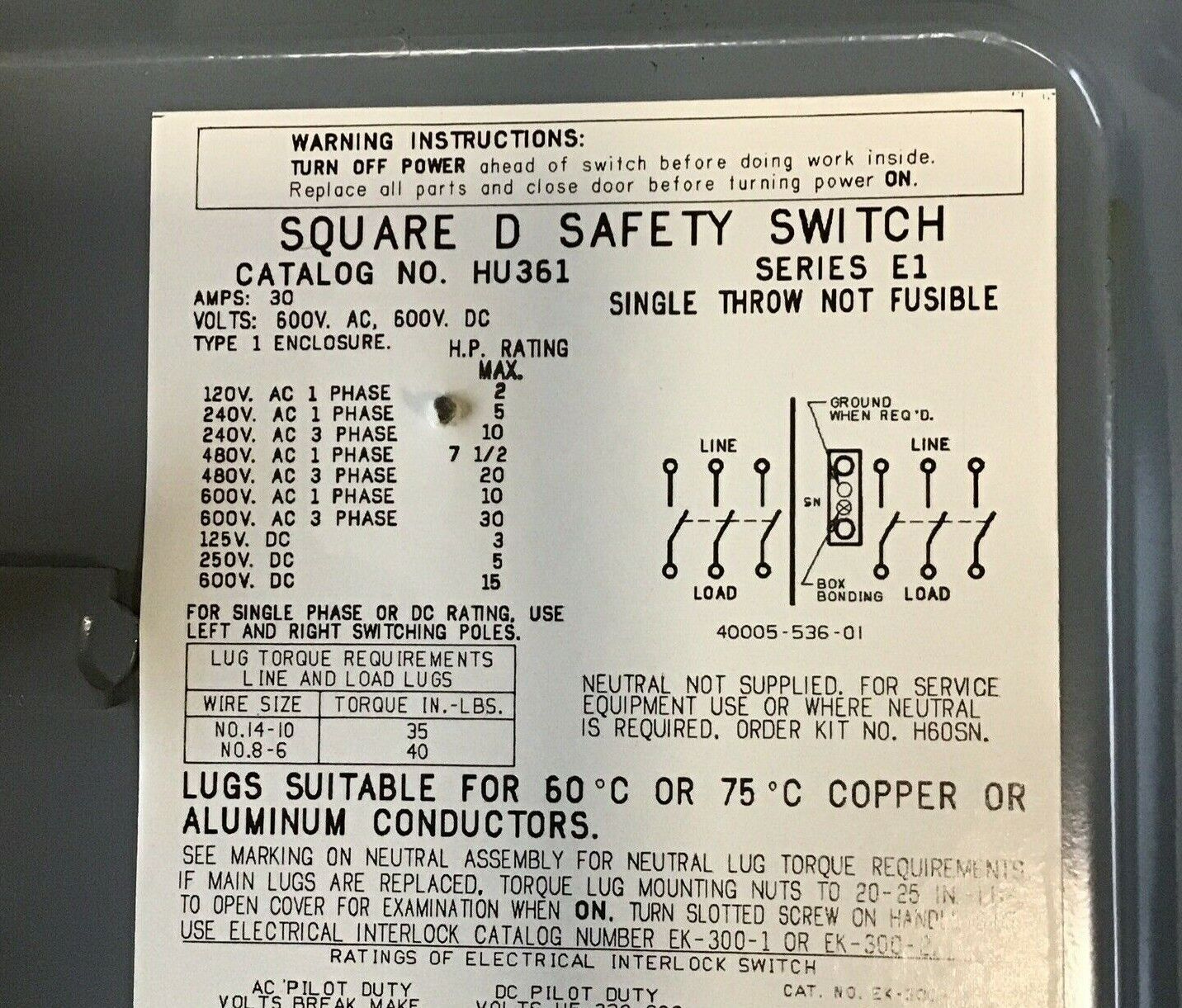 SQUARE D HU361 SAFETY SWITCH SER.E1 30A NON FUSIBLE 600VAC/VDC 600VAC/VDC 30HP
