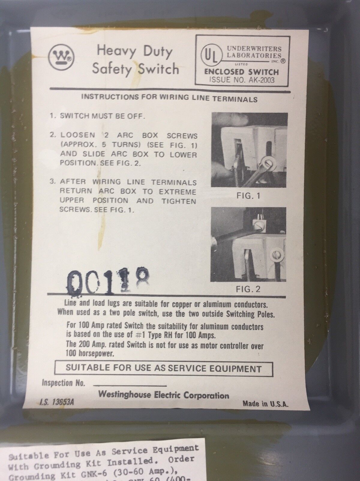 WESTINGHOUSE JHU221 HEAVY DUTY SAFETY SWITCH 240 VAC 250 VDC 30 AMP