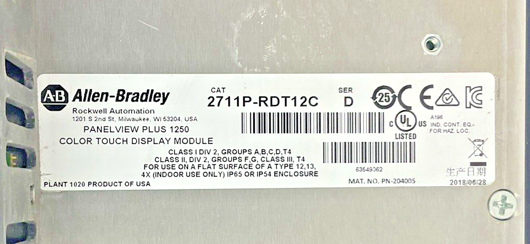 ALLEN BRADLEY 2711P-RDT12C SER.D TOUCH PANEL 2711P-RP8D LOGIC MODULE SER.A