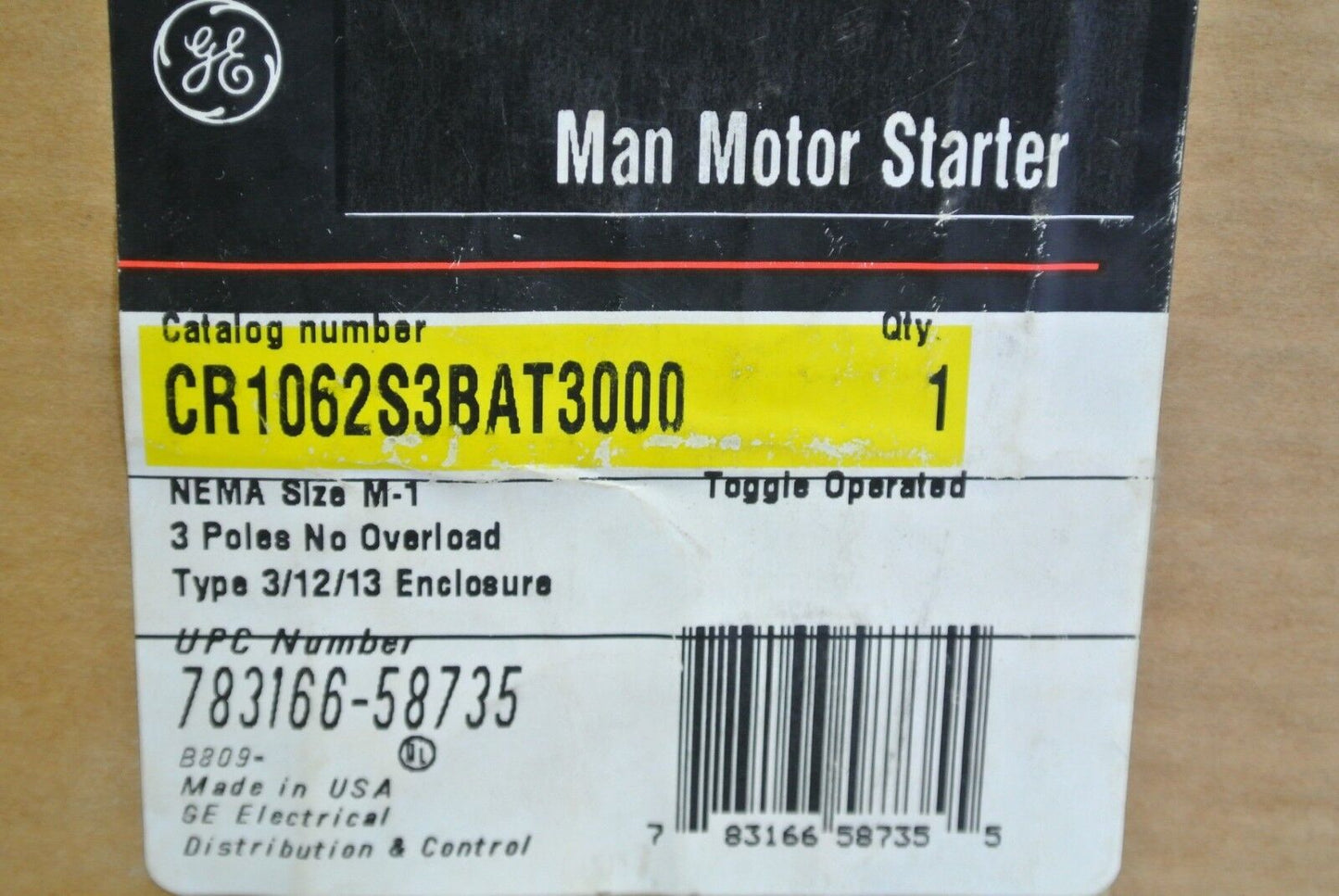 GE CR1062S3BAT3000 - MANUAL MOTOR STARTER, TOGGLE 3-P NO OVERLOAD - NEW SURPLUS