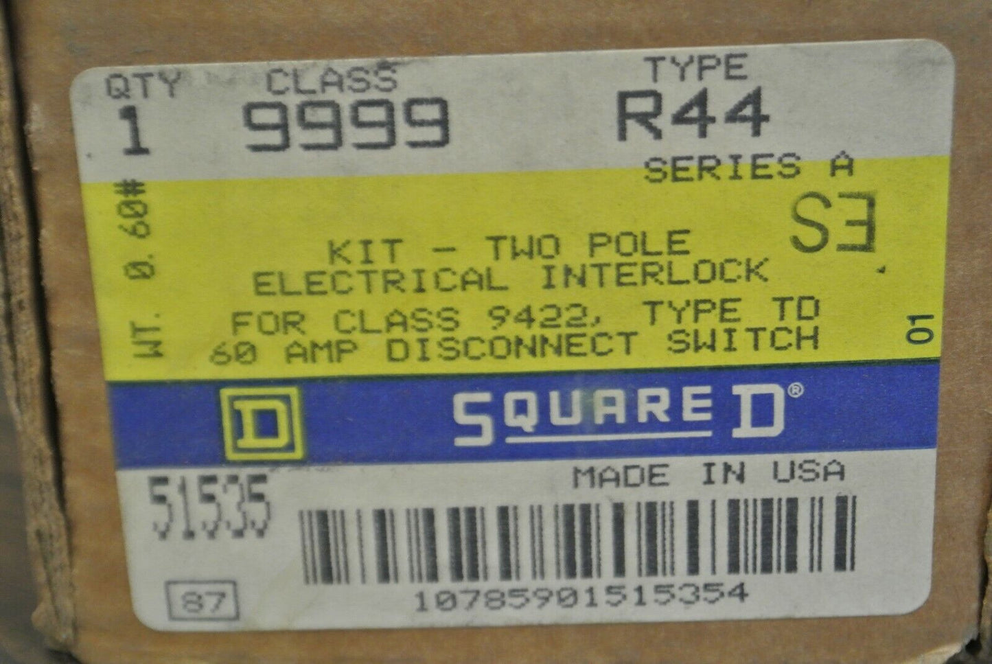 SQUARE D 9999 R44 ELECTRICAL INTERLOCK / TWO POLE / 9422 60A / NEW SURPLUS