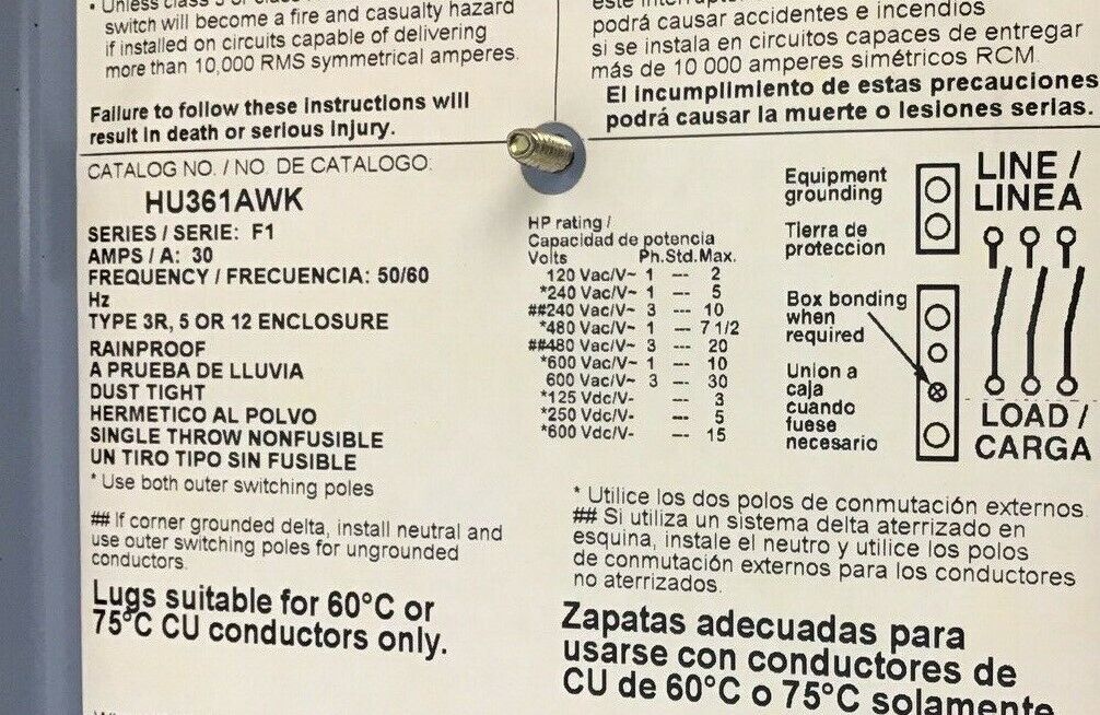 SQUARE D HU361AWK SAFETY SWITCH NON FUSIBLE 30A SER.F1 50/60HZ