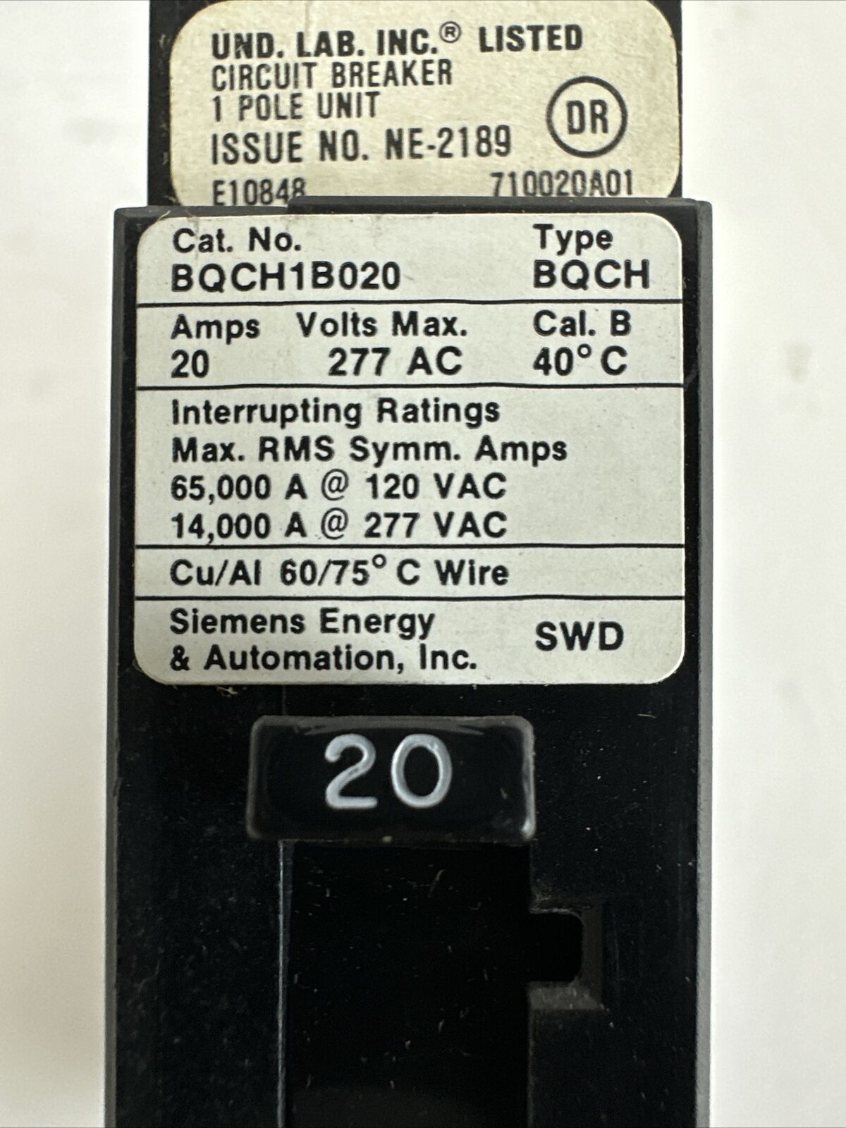SIEMENS BQCH1B020 CIRCUIT BREAKER 20AMP 277VAC 1POLE