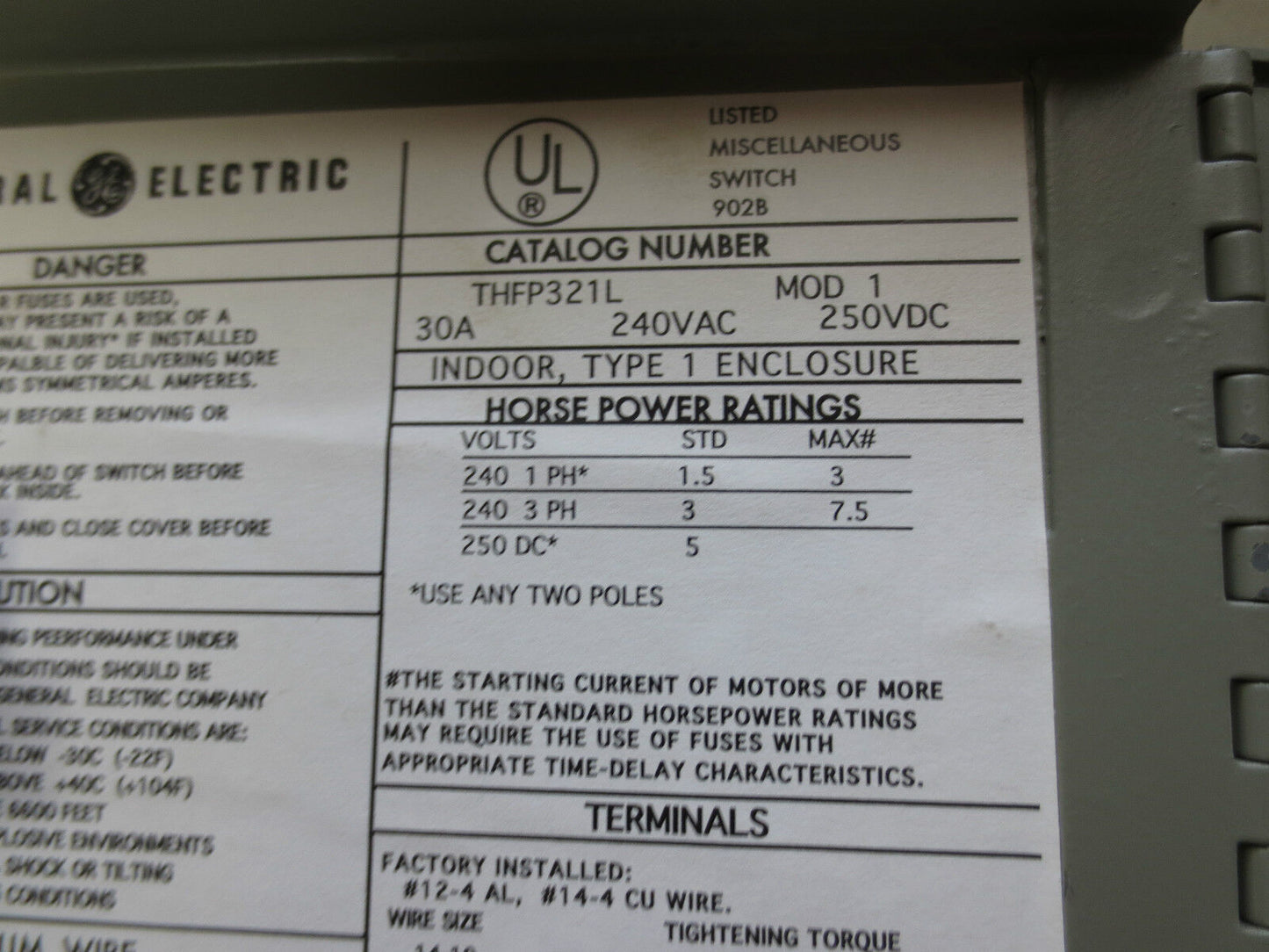 GENERAL ELECTRIC THFP321L PANELBOARD SWITCH 30A, 240VAC, 7.5HP - NEW SURPLUS