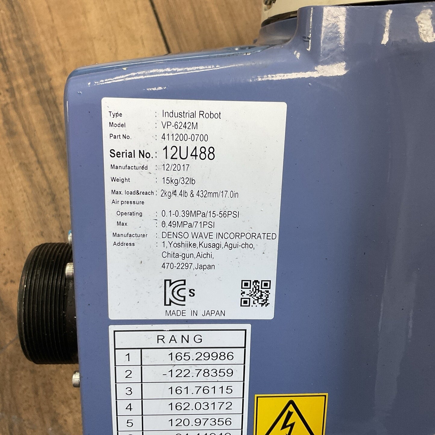 DENSO WAVE VP-6242M CONTROLLER RC7M-VPG5 3.352M/VCAA-BN ROBOT ARM 71PSI