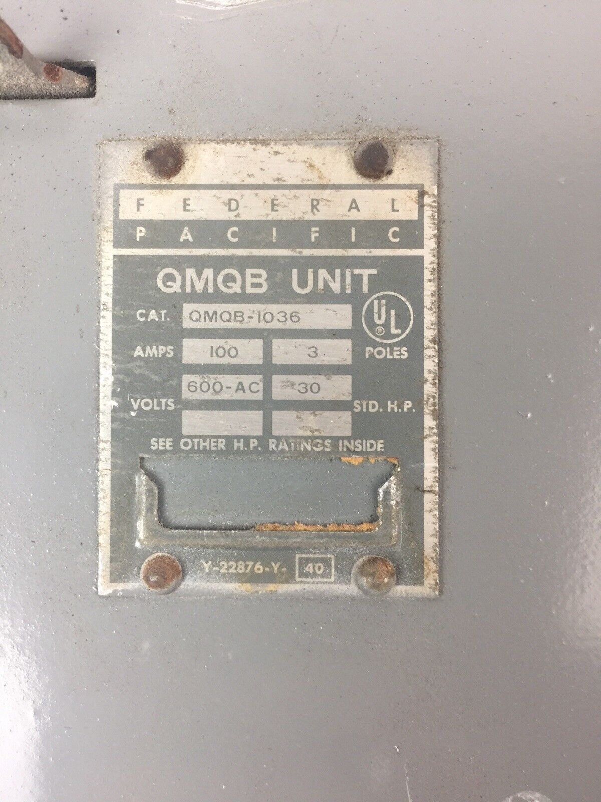 Federal Pacific QMQB-1036 100A 600VAC Panelboard Switch 30HP