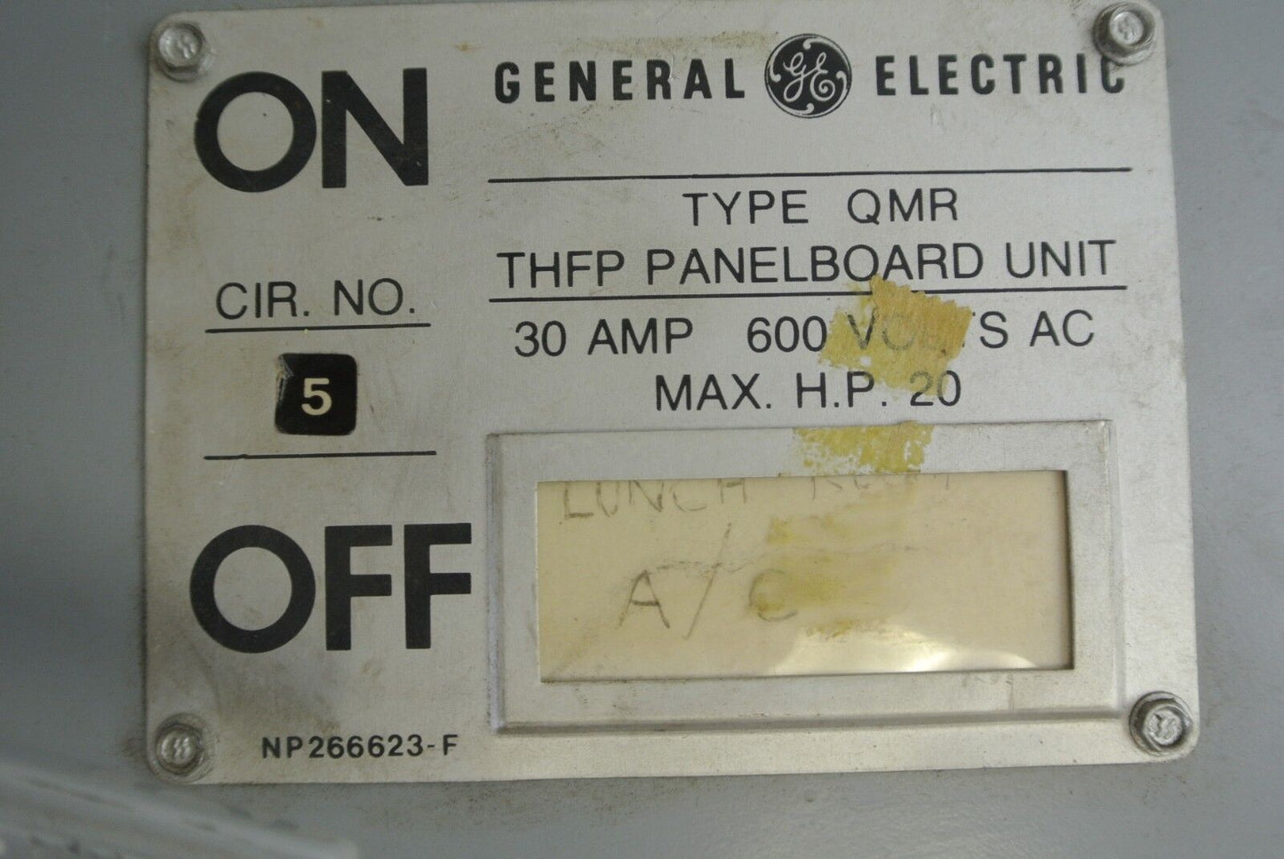 GE THFP361 - QMR-TYPE PANELBOARD UNIT - FUSIBLE SWITCH - 600VAC, 30A, 20HP MAX.