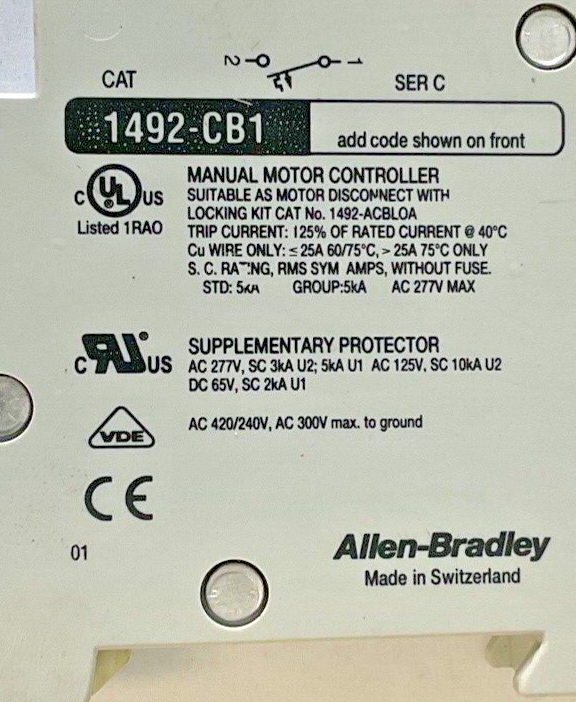 ALLEN BRADLEY 1492-CB1 G200 CIRCUIT BREAKER 2A SER.C 3HP 277VAC 1PH**LOTOF2**