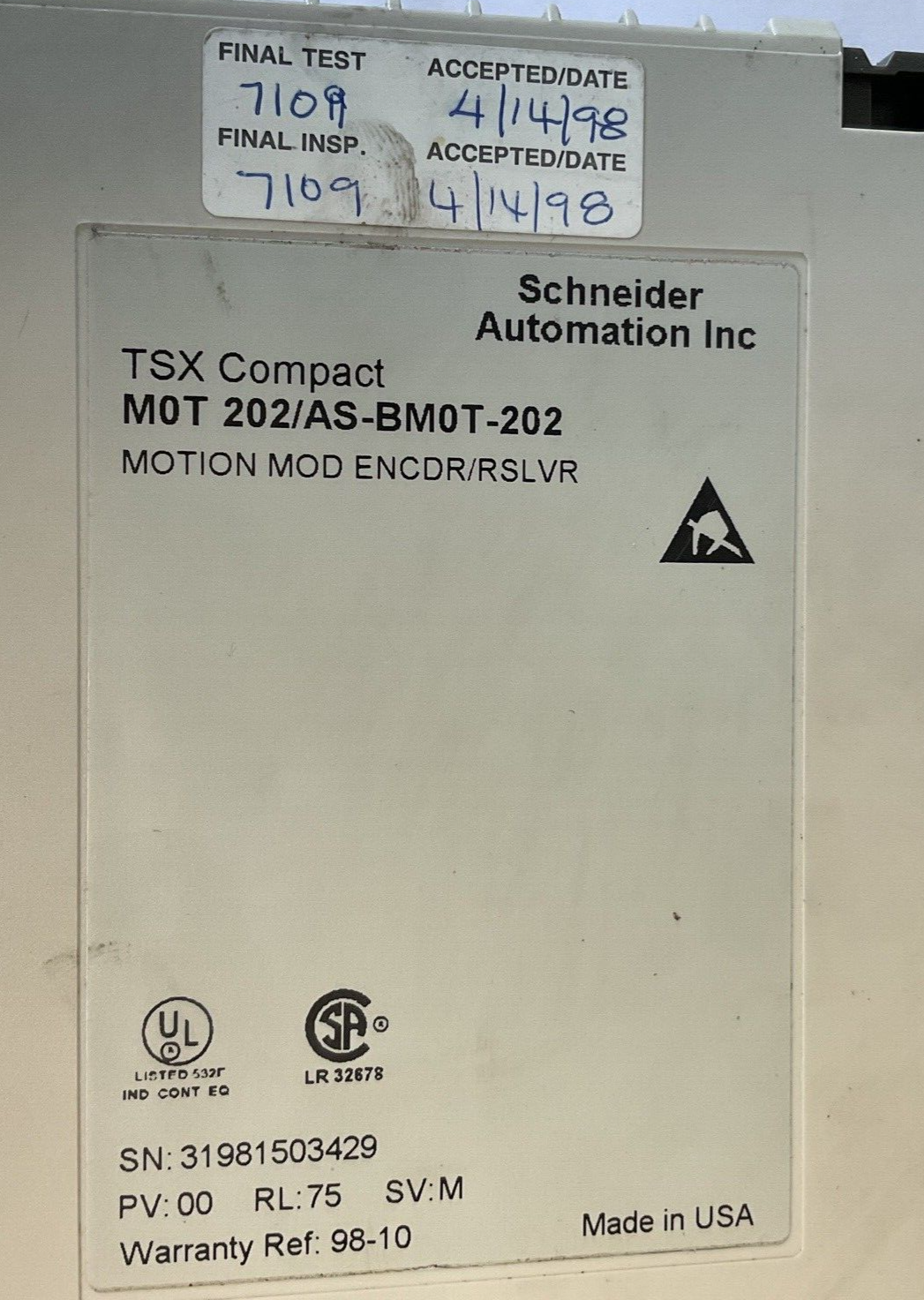 SCHNEIDER AUTOMATION AS-BMOT-202 MOTION MOD ENCDR/RSLVR REV.M