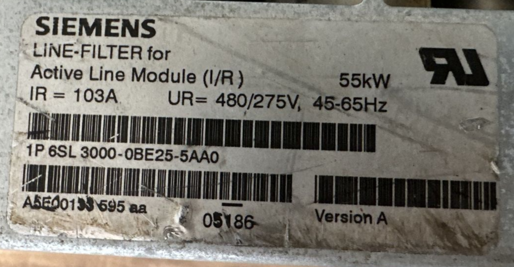 SIEMENS 1P 6SL 3000-0BE25-5AA0 LINE FILTER FOR ACTIVE LINE MODULE (I/R) 480/275V