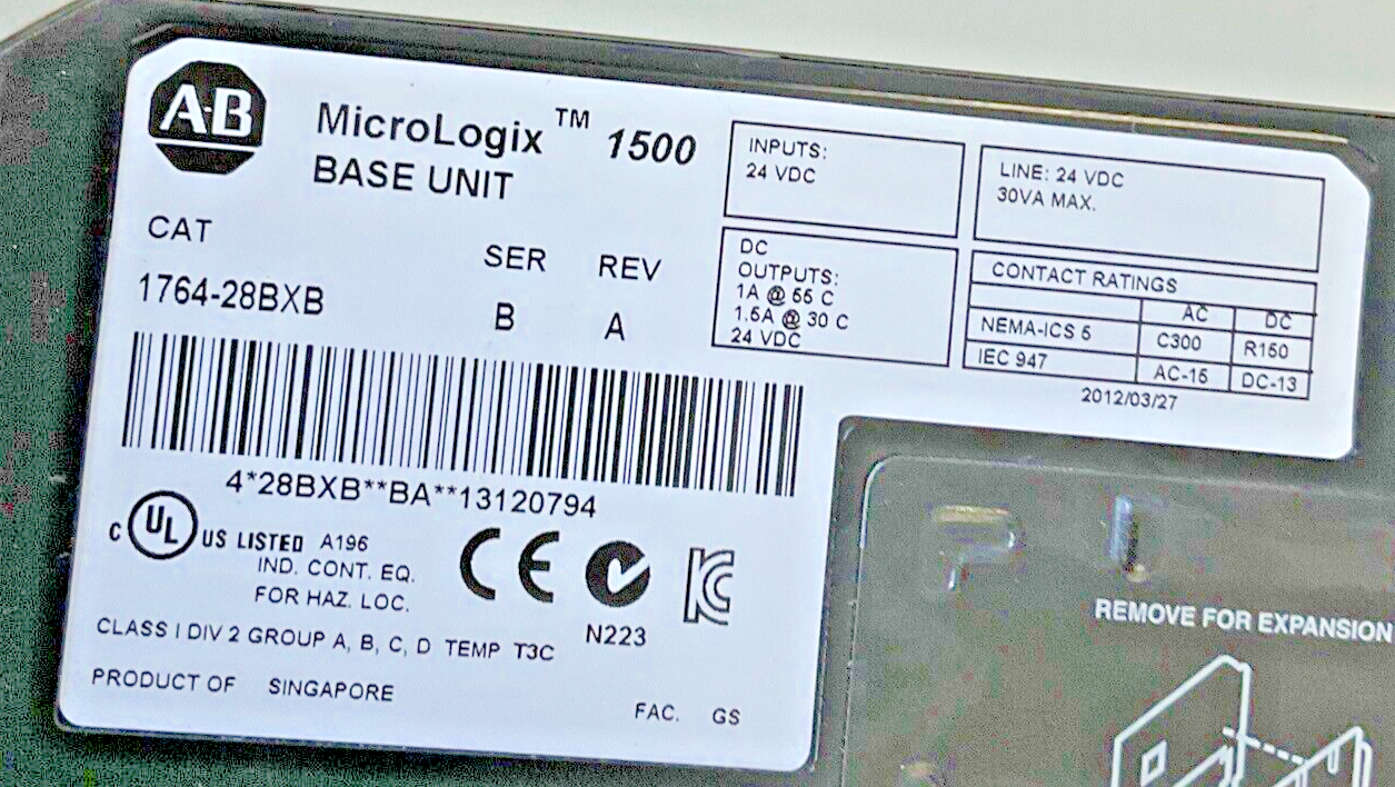 ALLEN BRADLEY 1764-28BXB BASE AND CONTROLLER SER.B REV.A 24VDC MICROLOGIX 1500