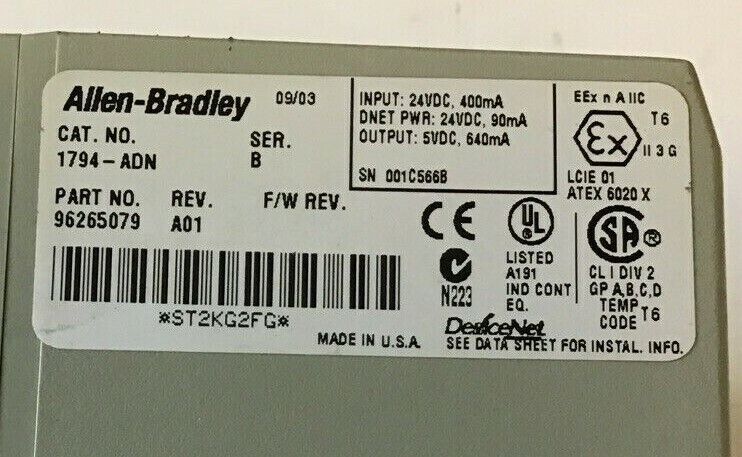 ALLEN BRADLEY 1794-ADN 24VDC ADAPTER DEVICENET FLEX I/O SER.B REV.A01 24VDC