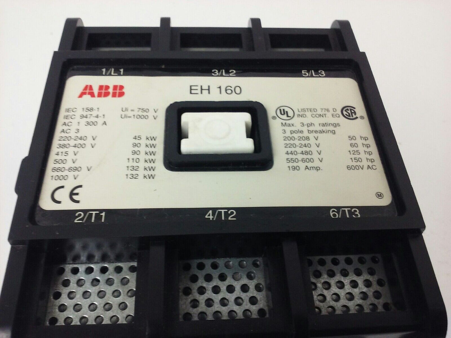 ABB EH160 CONTACTOR, 3PH, 3P BREAKING, 600V, 50-150H.P., 190A, 24V COIL, NEW
