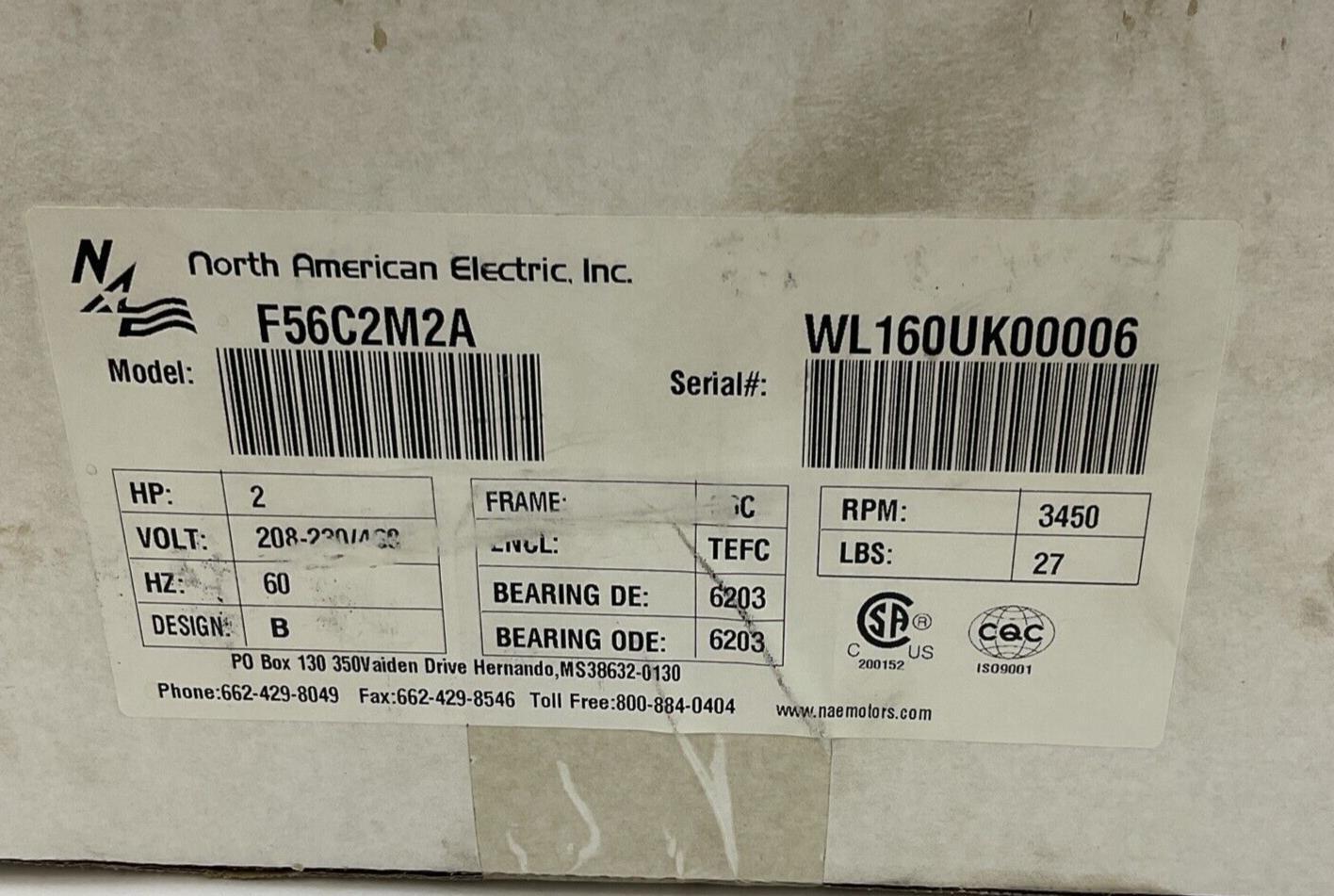 NORTH AMERICAN ELECTRIC F56C2M2A MOTOR 3450RPM 2HP 60HZ FRM.56C 460V