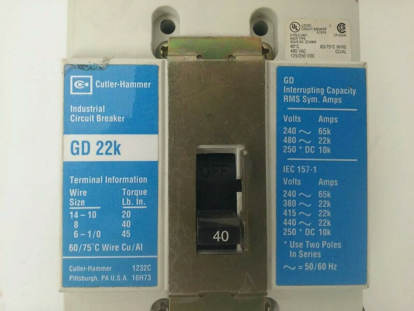 CUTLER HAMMER GD3040 CIRCUIT BREAKER 3P 40A 480V, GD 22K