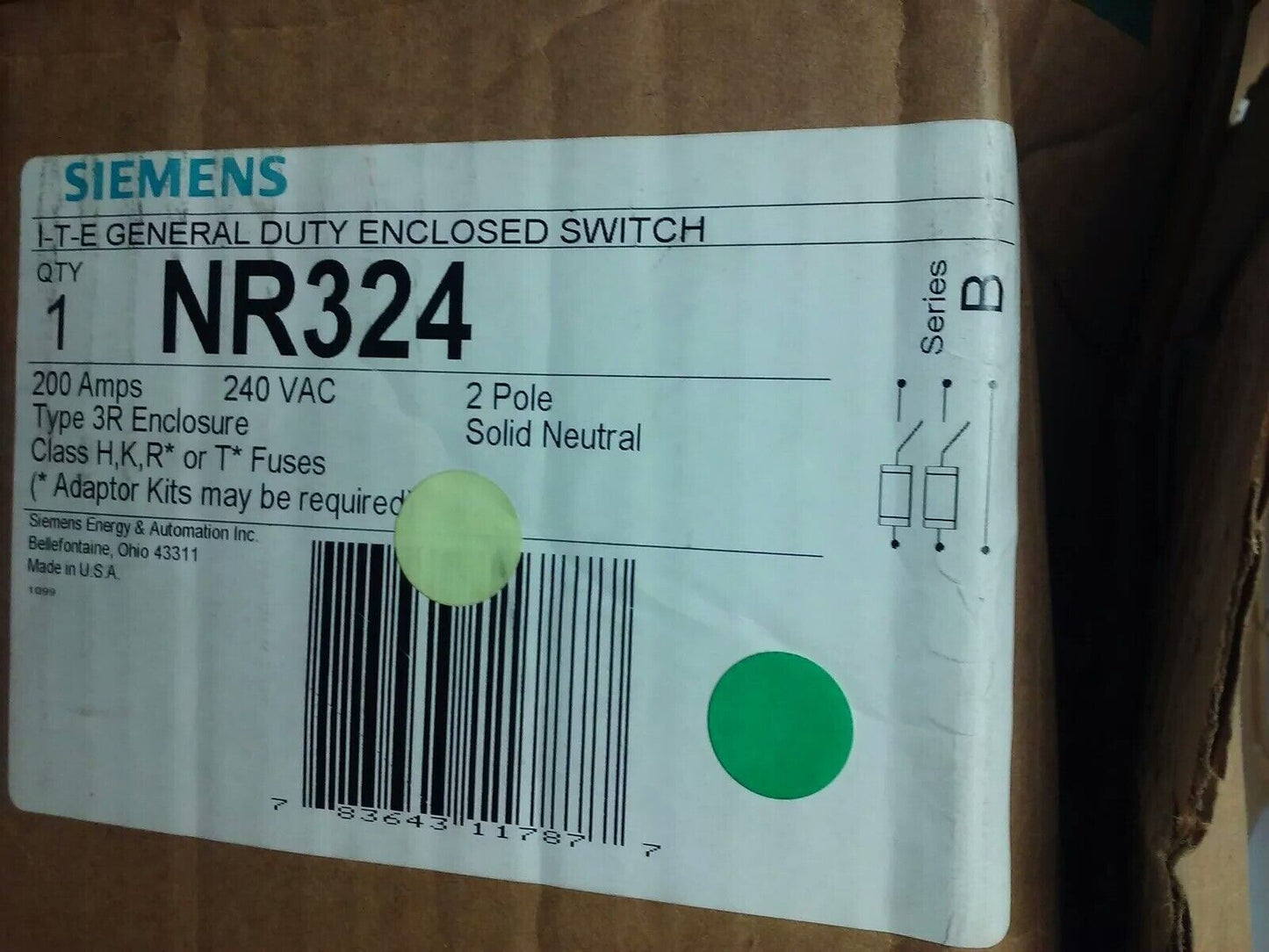 SIEMENS NR243, SER. B, GENERAL DUTY ENCLOSED SWITCH,2P, 200A, 240V, TYPE 3R, NEW