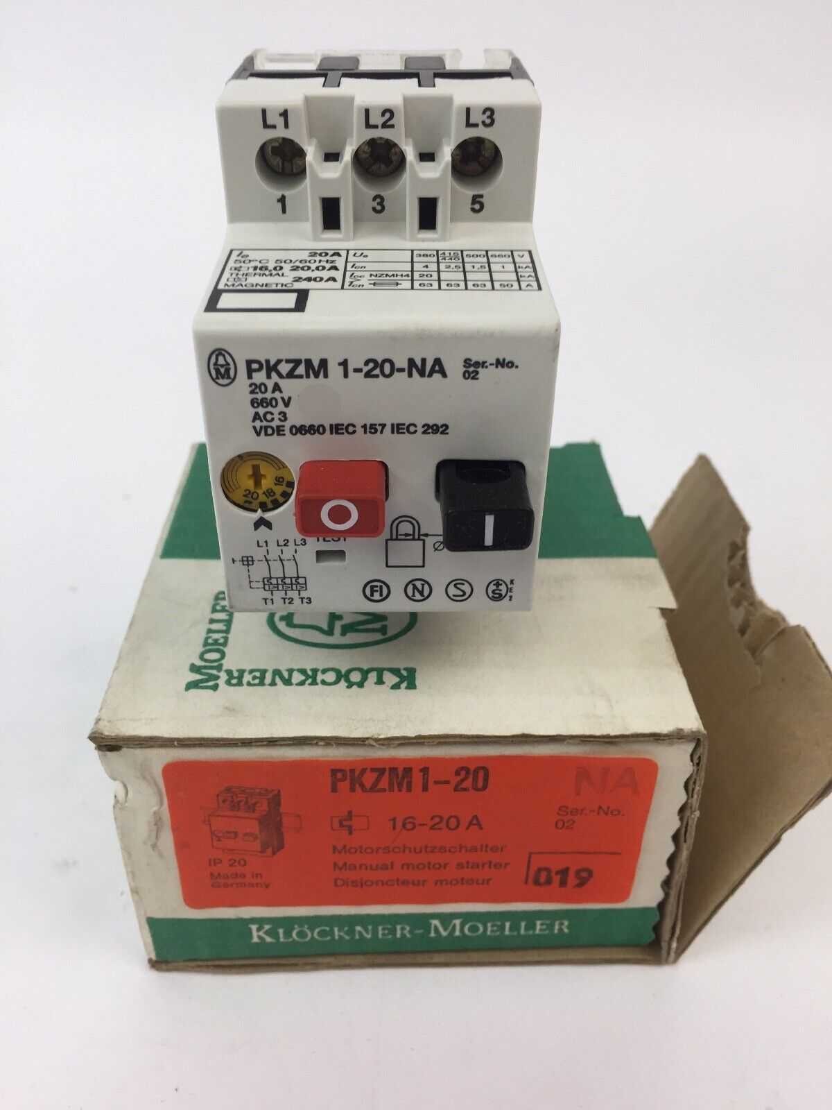 KLOCKNER MOELLER PKZM1-20 NA MANUAL MOTOR STARTER 16-20A 600VAC 15HP 3 PHASE