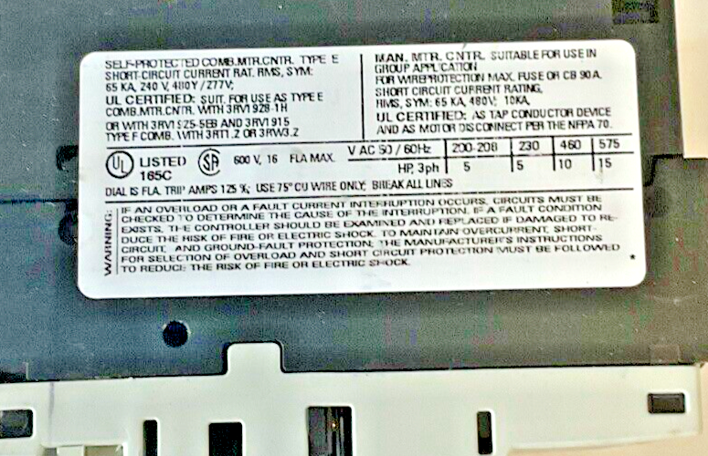 SIEMENS 3RV1021-4AA10 MOTOR CONTROL 208A 600V