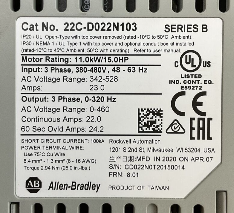 ALLEN BRADLEY 22C-D022N103 AC DRIVE SER B FRN 8.01 OUTPUT 0-460VAC