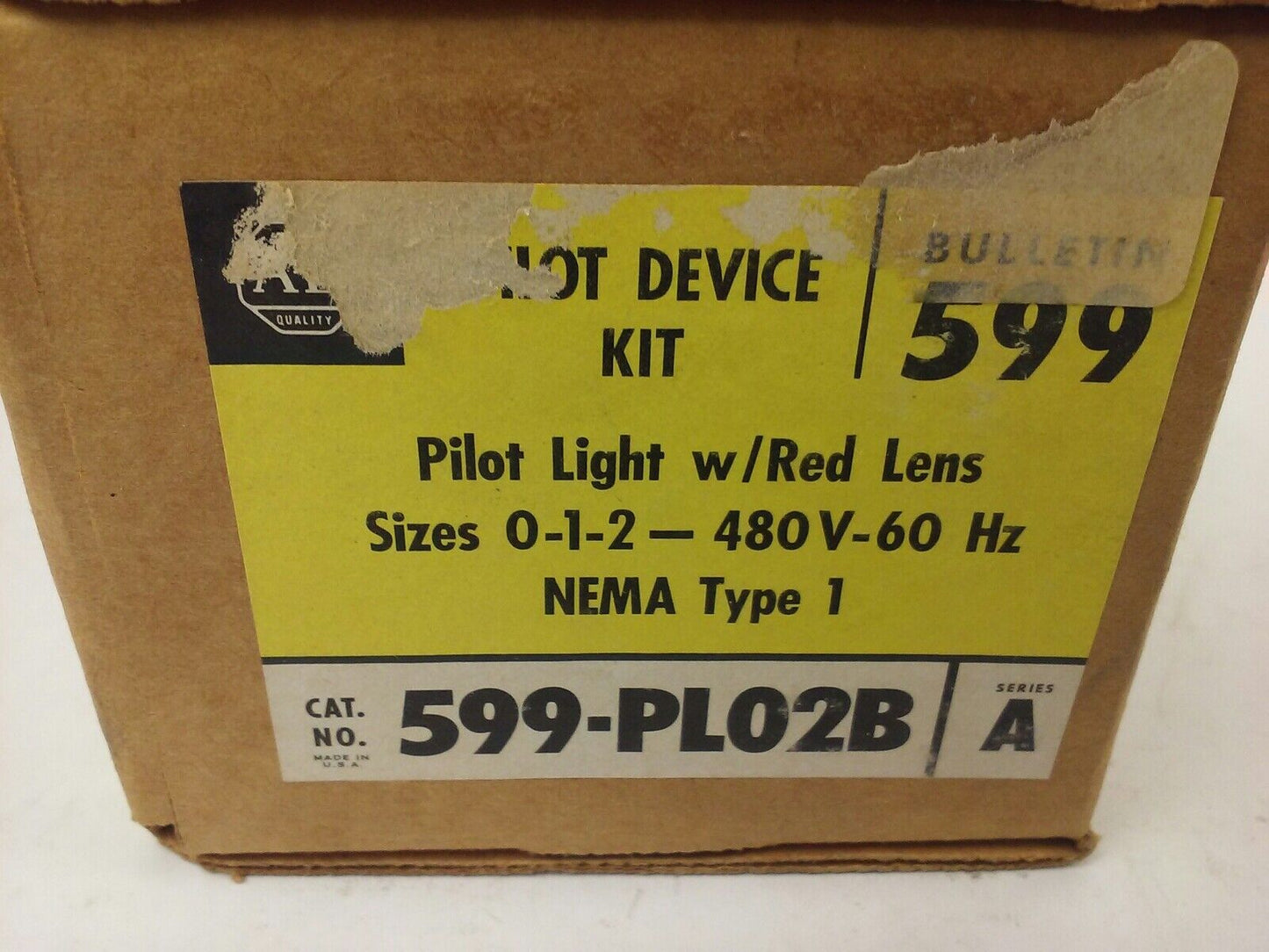 ALLEN BRADLEY 599-PL02B SER. A, PILOT LIGHT W/ RED LENS, SIZES 0-1-2, 480V- 60HZ