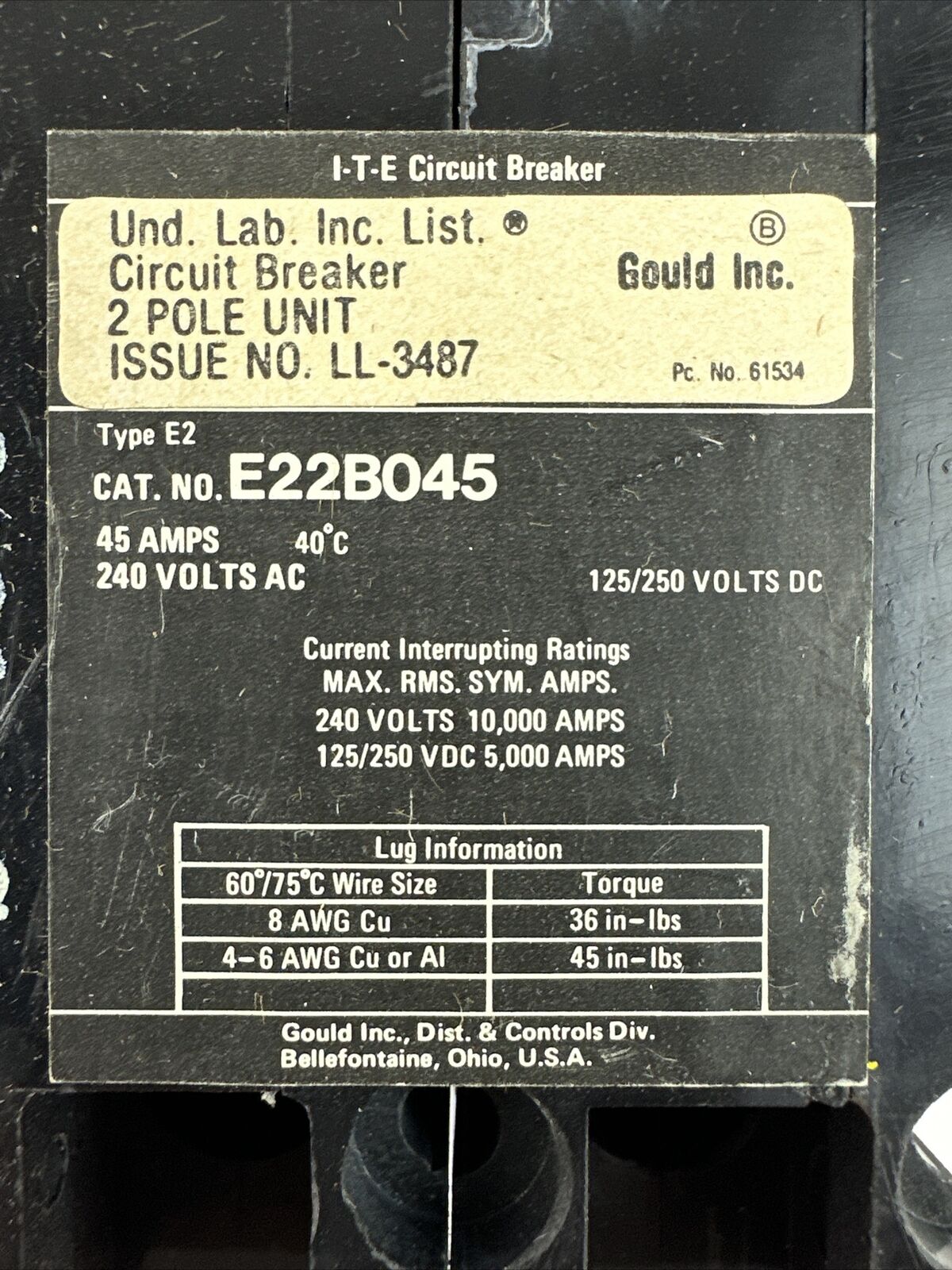 GOULD ITE E22B045 MOLDED CASE CIRCUIT BREAKER 45A 2P 240VAC 125/250VDC