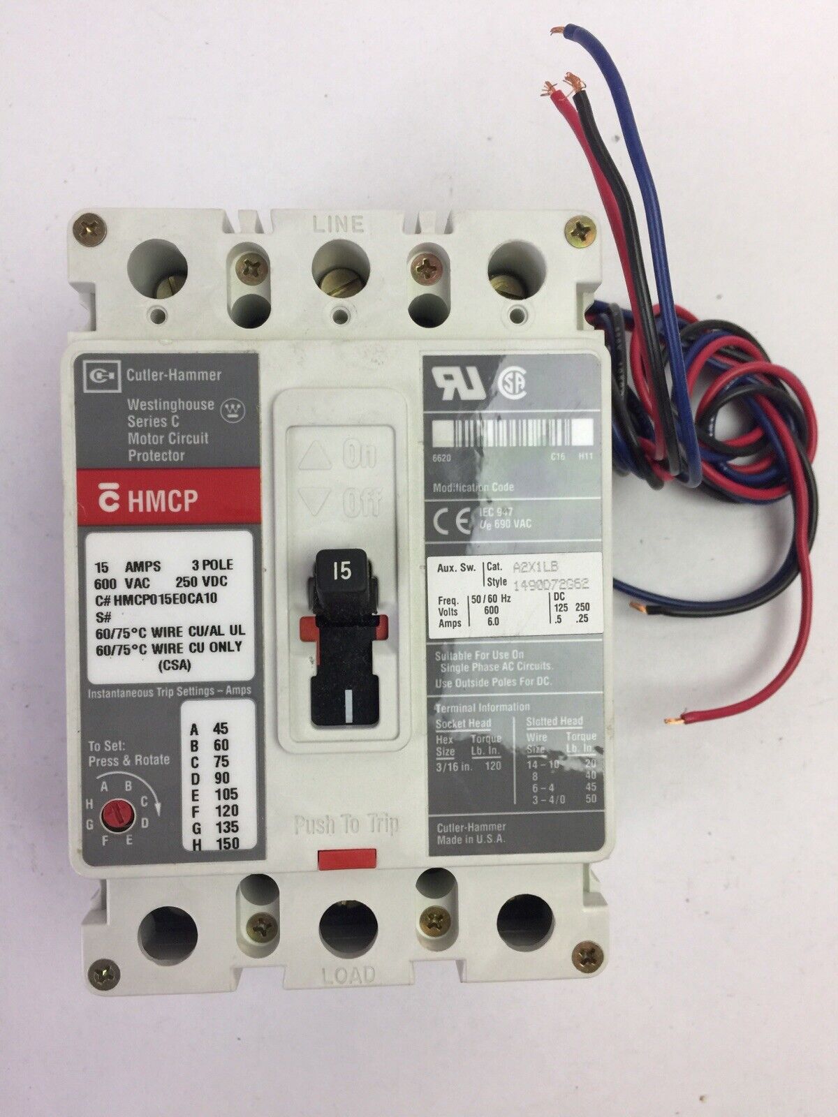 CUTLER HAMMER HMCP015E0CA10 MOTOR CIRCUIT PROTECTOR 15A 3P 600VAC 250VDC A2X1LB
