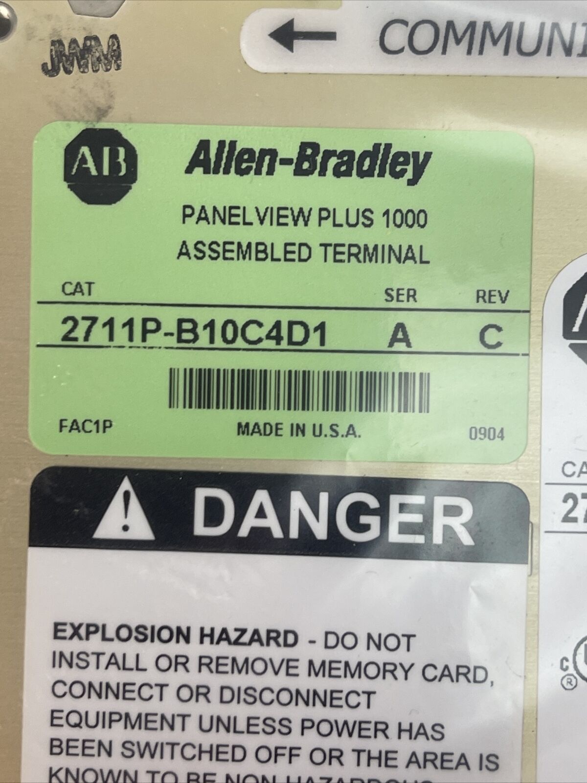 ALLEN BRADLEY 2711P-B10C4D1 10.4" ASSEMBLED TERMINAL SER A REV C PANELVIEW 1000