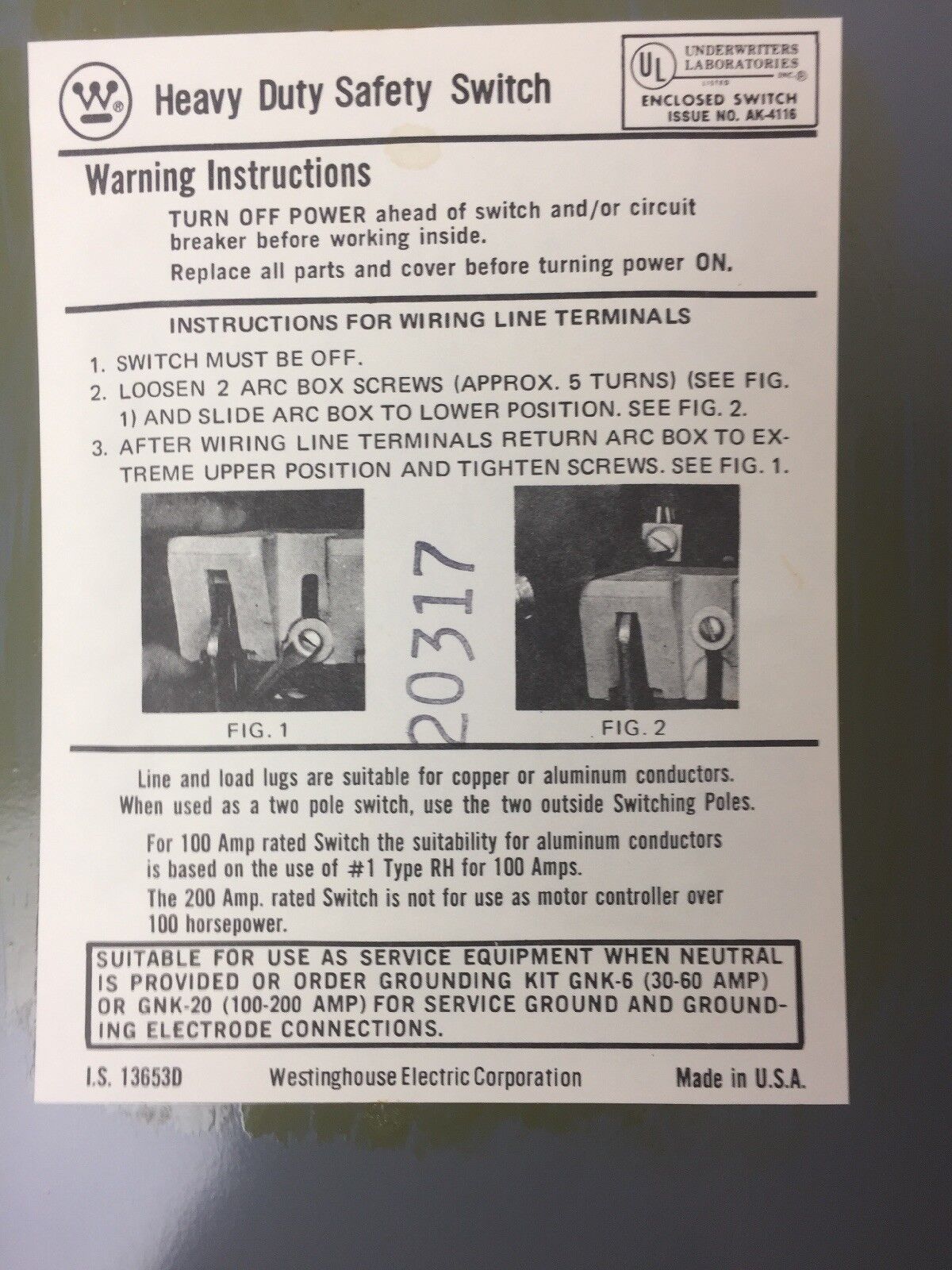 WESTINGHOUSE JHU361 HEAVY DUTY SAFETY SWITCH 600 VAC 480 VAC 240 VAC 30 AMP