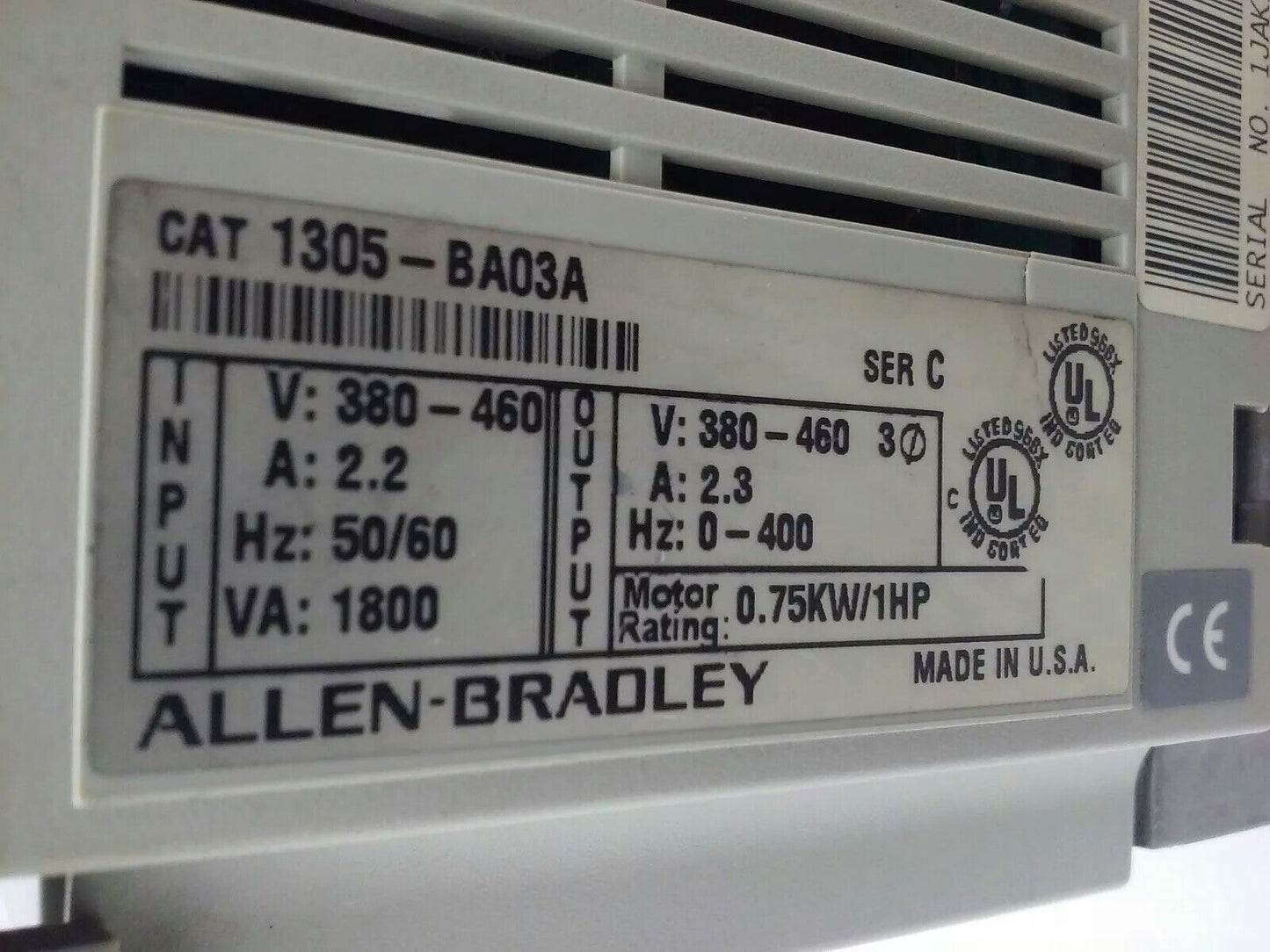 ALLEN BRADLEY 1305-BA03A SER. C, AC DRIVE, INPUT: 380/460V, 2.2A, 50/60HZ, PARTS