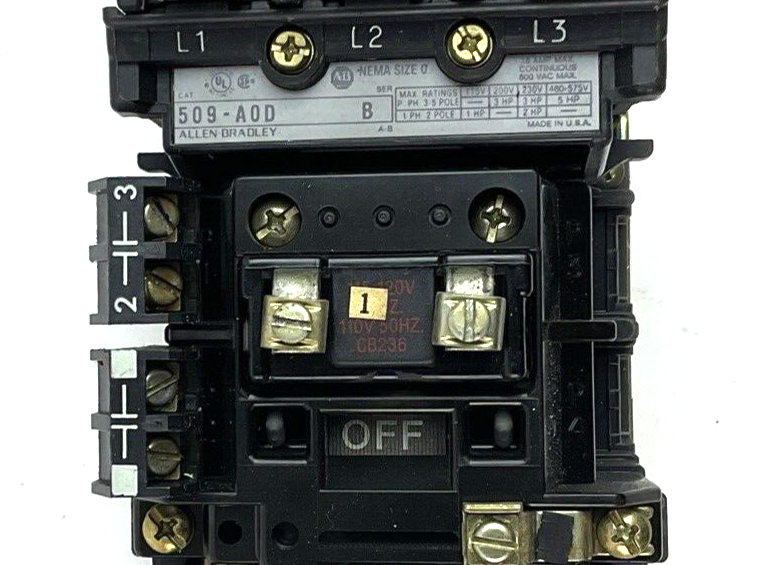 ALLEN BRADLEY 509-A0D STARTER SER.B W/CB236 COIL & AUX. CONTACT 595-A(2)