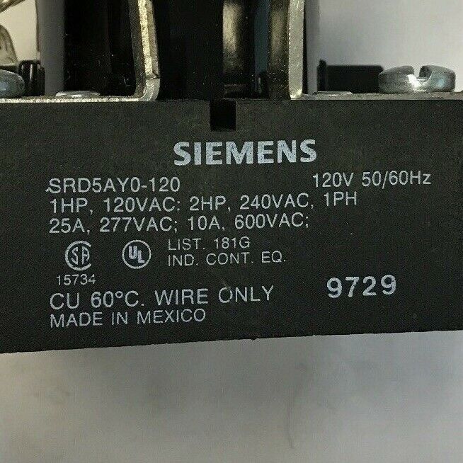 SIEMENS SRD5AY0120 POWER RELAY 120VAC GENERAL PURPOSE 50/60HZ