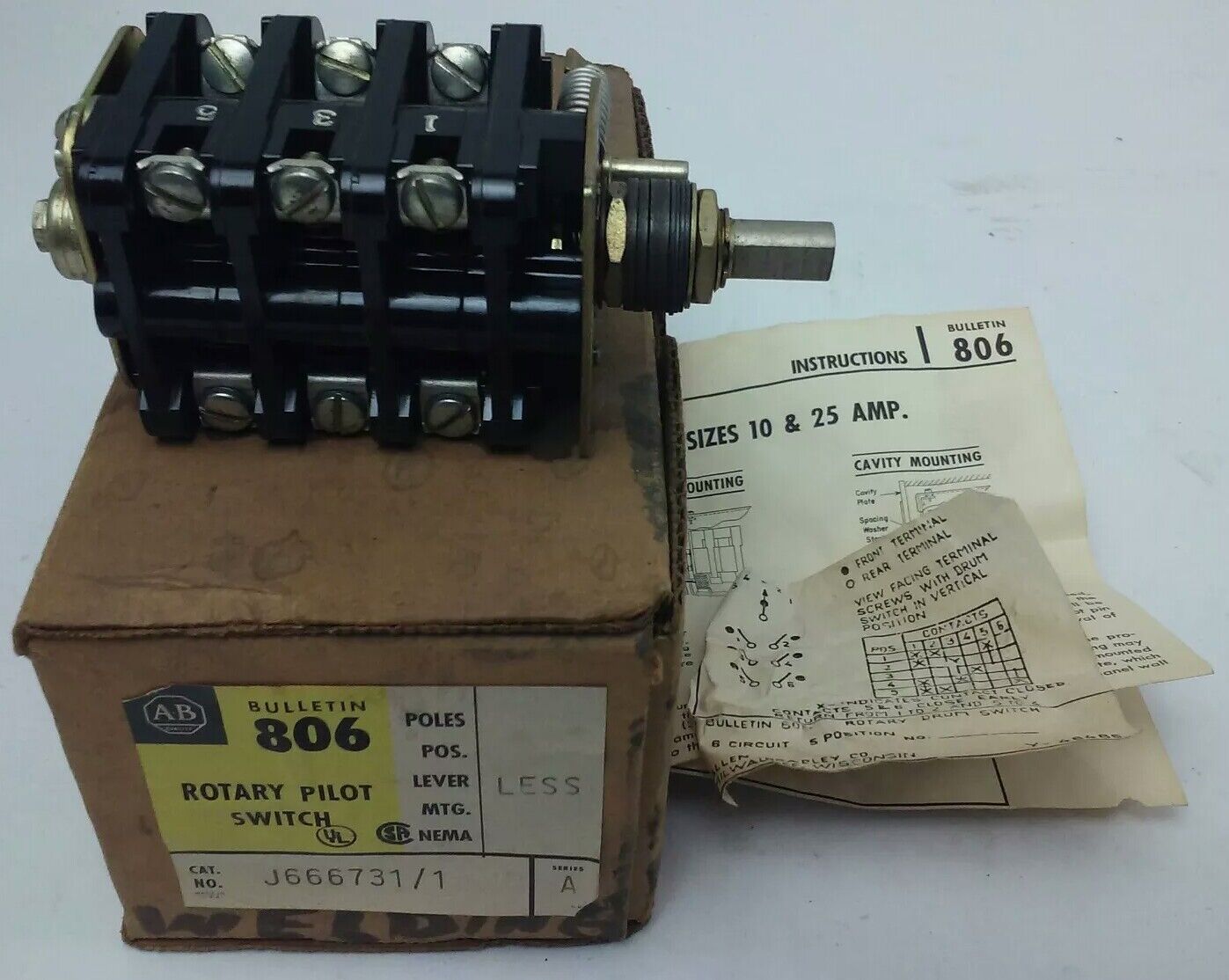 ALLEN BRADLEY BULLENTIN 806 J666731-1 SER. A, ROTARY PILOT SWITCH, 6 CIRCUITS