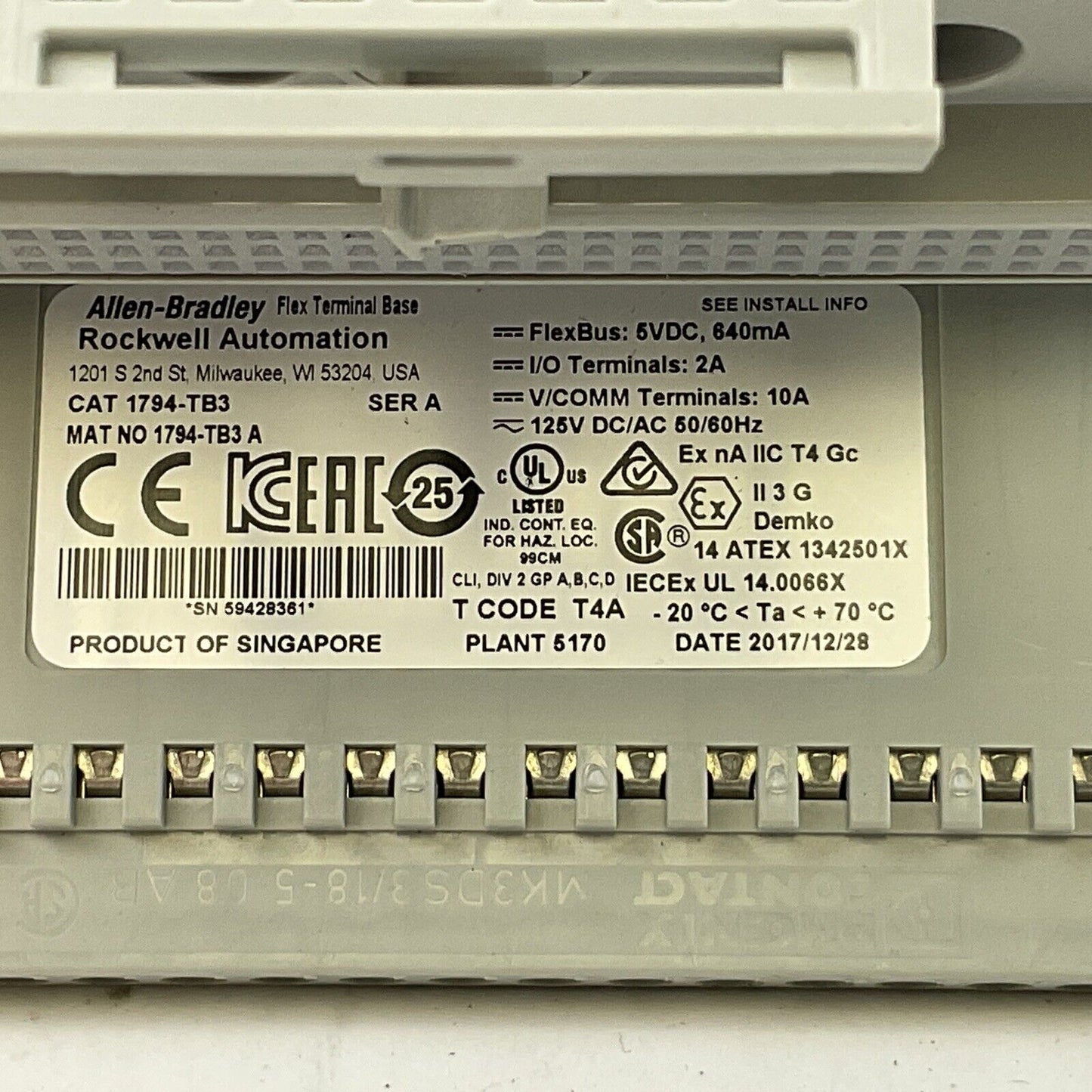 ALLEN BRADLEY 1794-TB3 SER A FLEX TERMINAL BASE