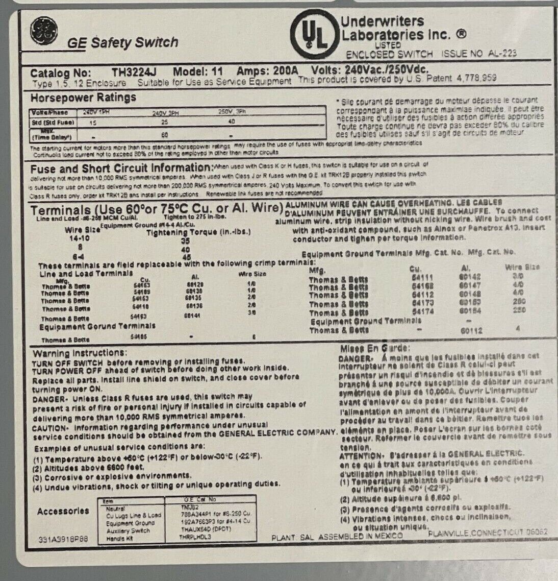 GE TH3224J MODEL 11 FUSIBLE SAFETY SWITCH 200A 240VAC 250VDC 60HP 2P TYPE 1,5,12