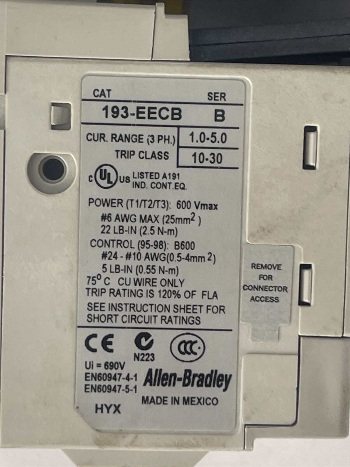 ALLEN BRADLEY REVERSING STARTER 104-C09D22 600VAC 25A COIL 120V 60HZ 193-EECB