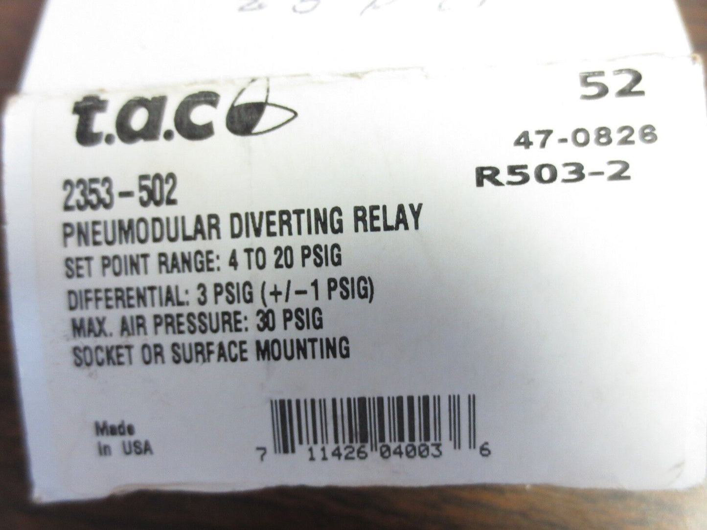 T.A.C. 2353-502 PNEUMODULAR DIVERTING RELAY - NEW SURPLUS - 47-0826