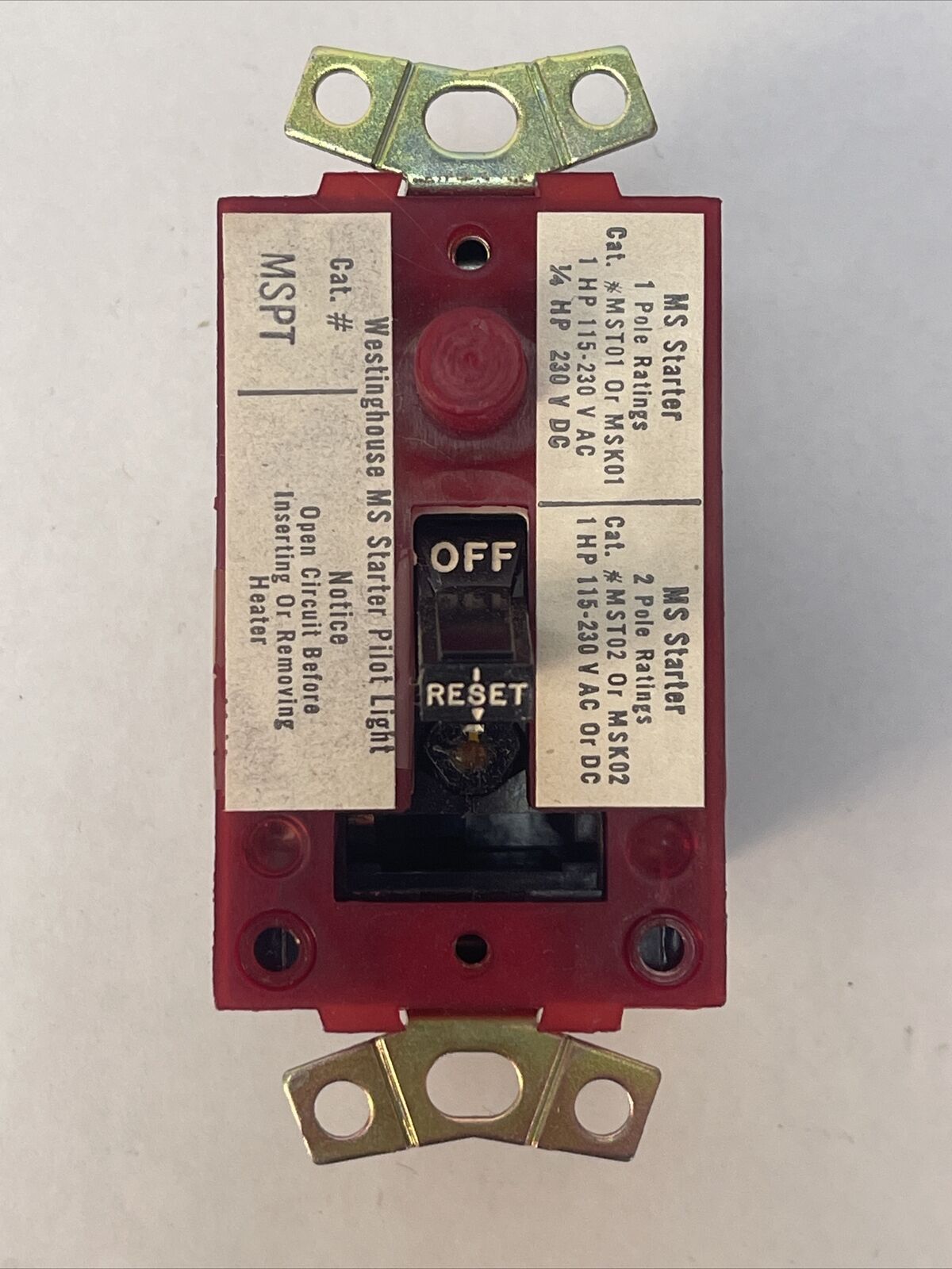 WESTINGHOUSE MST02FN1P MANUAL STARTER SWITCH 2 POLE 1HP 115-230V FLUSH PLATE RED