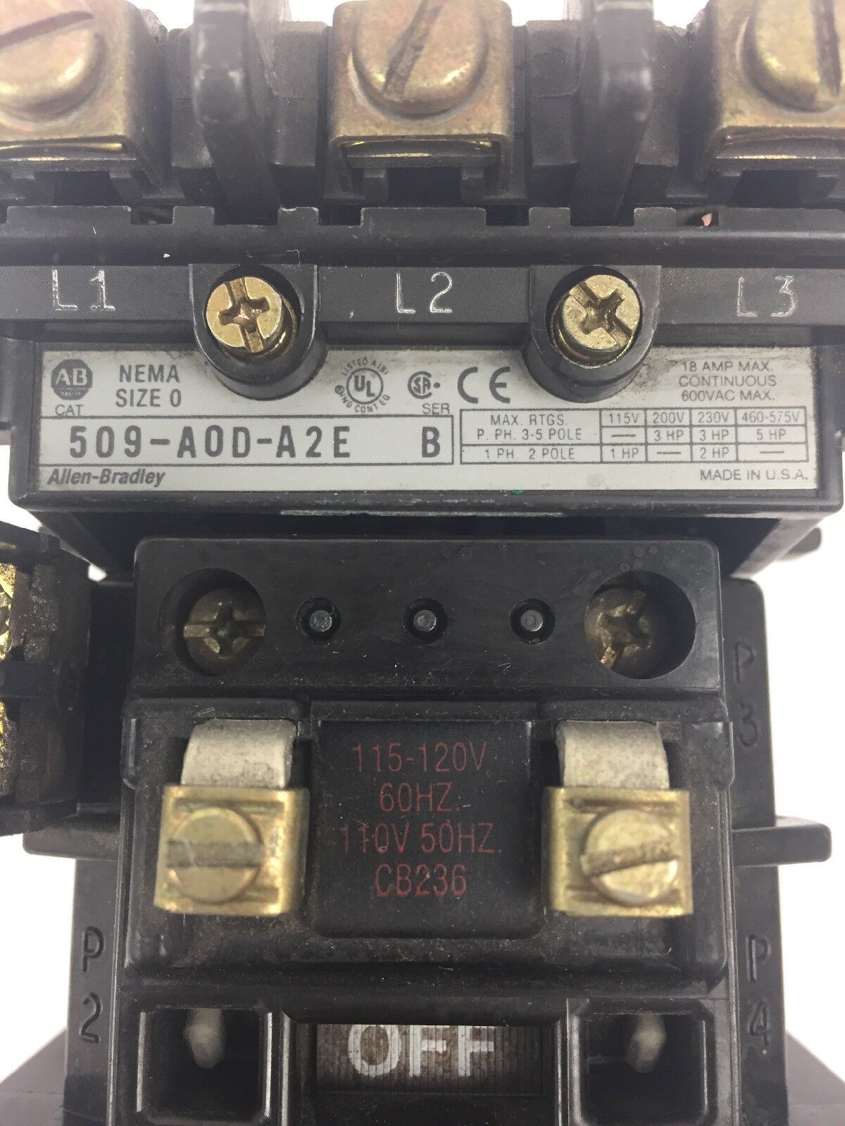 ALLEN BRADLEY 509-A0D-A2E SIZE 0 STARTER 600VAC 18AMP SER B 592-A2EA 1.6-5.0A