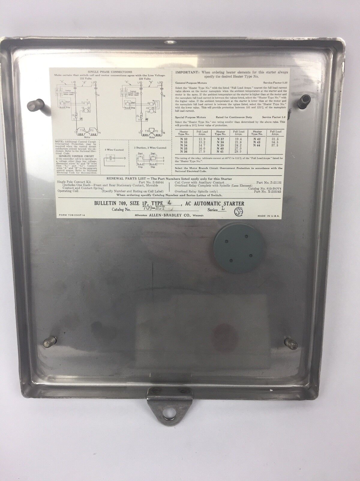 ALLEN BRADLEY 709-XCT ACROSS THE LINE AC STARTER SIZE 1P NEMA 4 120/240 V 60 HZ