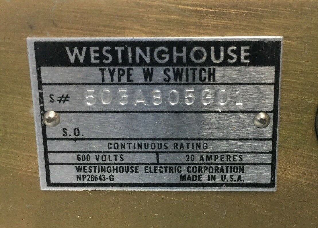 WESTINGHOUSE 503A805G01 TYPE W SWITCH 600 VOLTS 20 AMPERES
