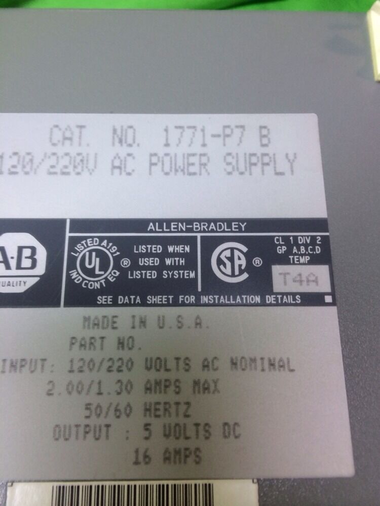 ALLEN BRADLEY 1771-P7 120/220V POWER SUPPLY PLC SER. B