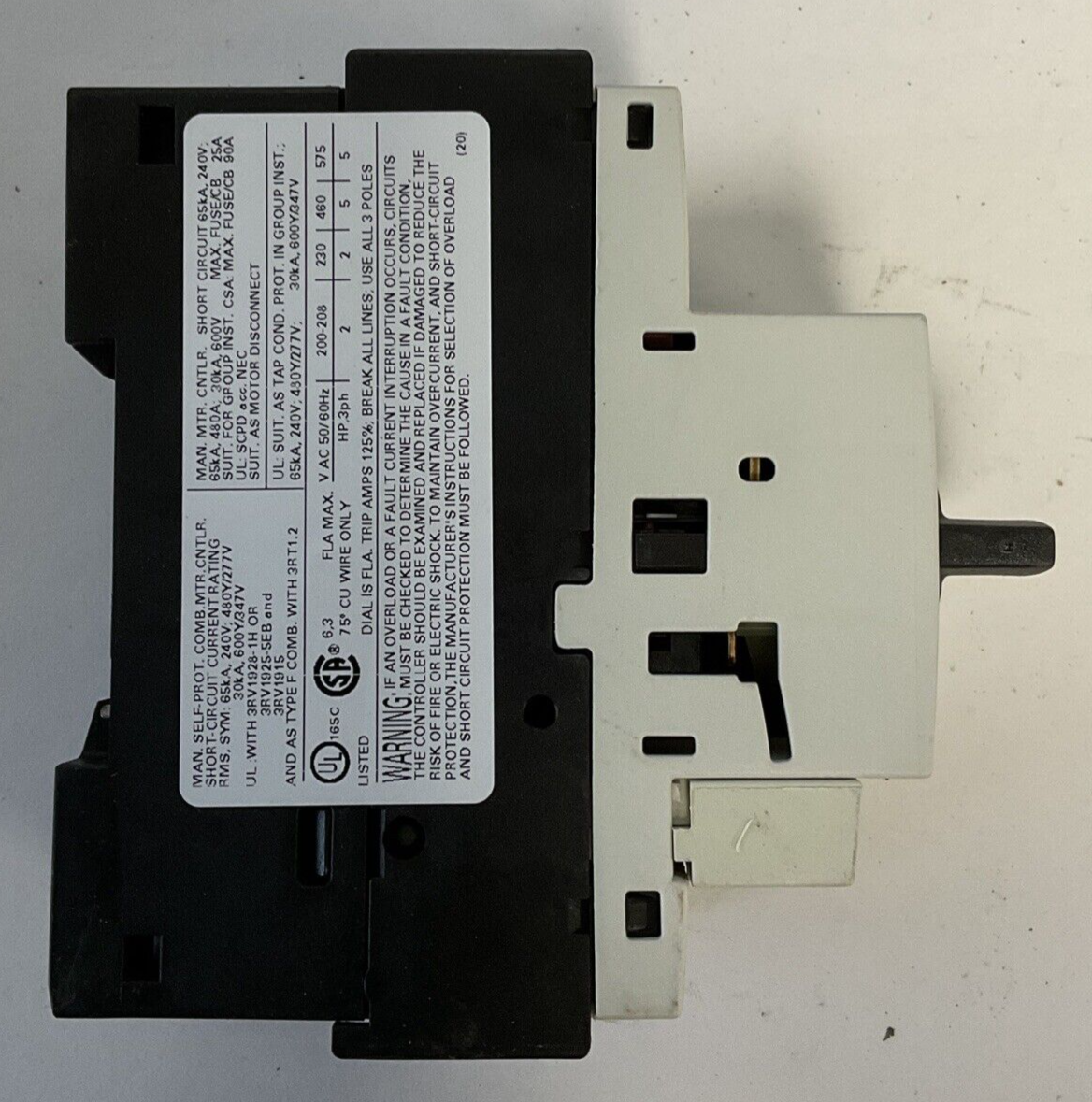 SIEMENS 3RV1021-1GA15 MOTOR STARTER 50/60HZ 600V 6.3-4.5A 6KV 82A