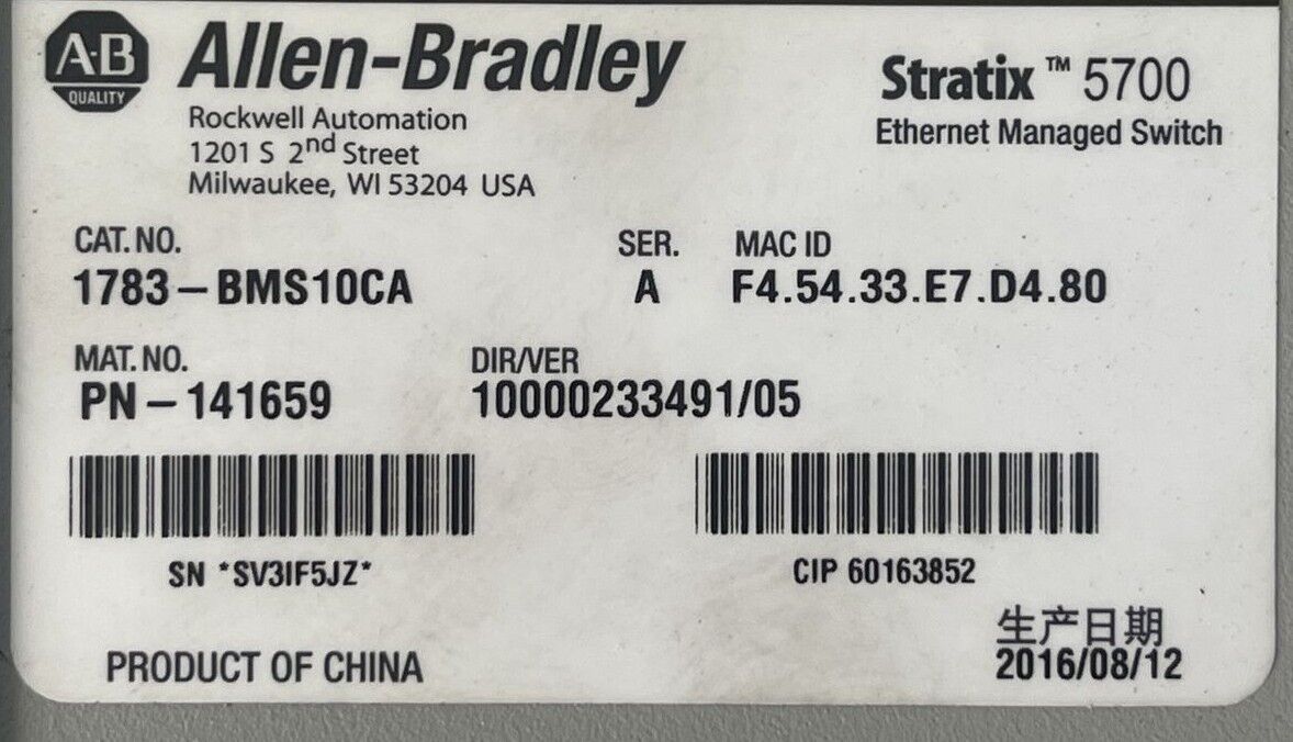 ALLEN BRADLEY 1783-BMS10CA SER A DIR/VER 10000233491/05 STRATIX 5700 ETHERNET