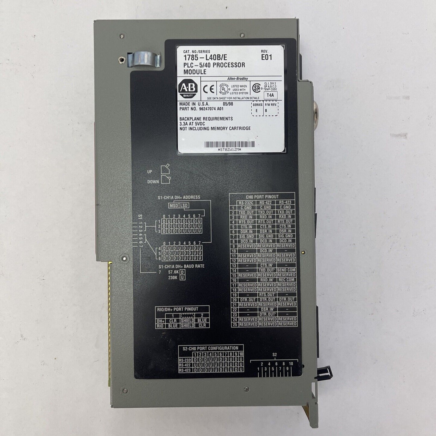 ALLEN BRADLEY 1785-L40B/E PLC-5/40 PROCESSOR REV E01 F/W REV B 3.3A @ 5VDC