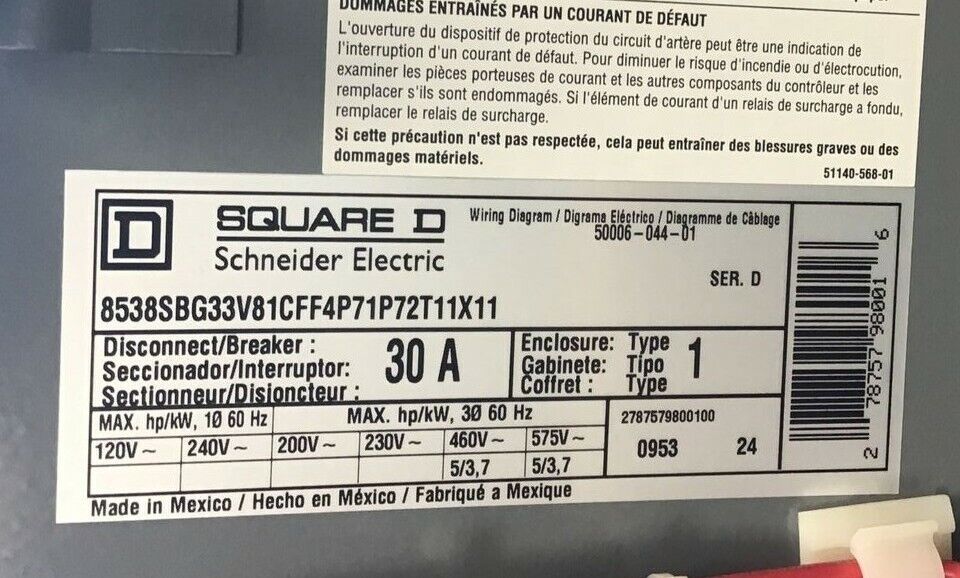 SQUARE D 8538SBG33V81CFF4P71P72T11X11 DISCONNECT SWITCH 30A TYPE1 SER.D
