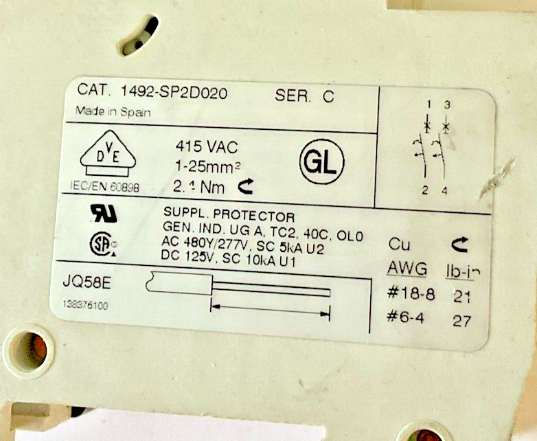 ALLEN BRADLEY 1492-SP2D020 & 1492-SP2D100 CIRCUIT BREAKER SER.C 415VAC