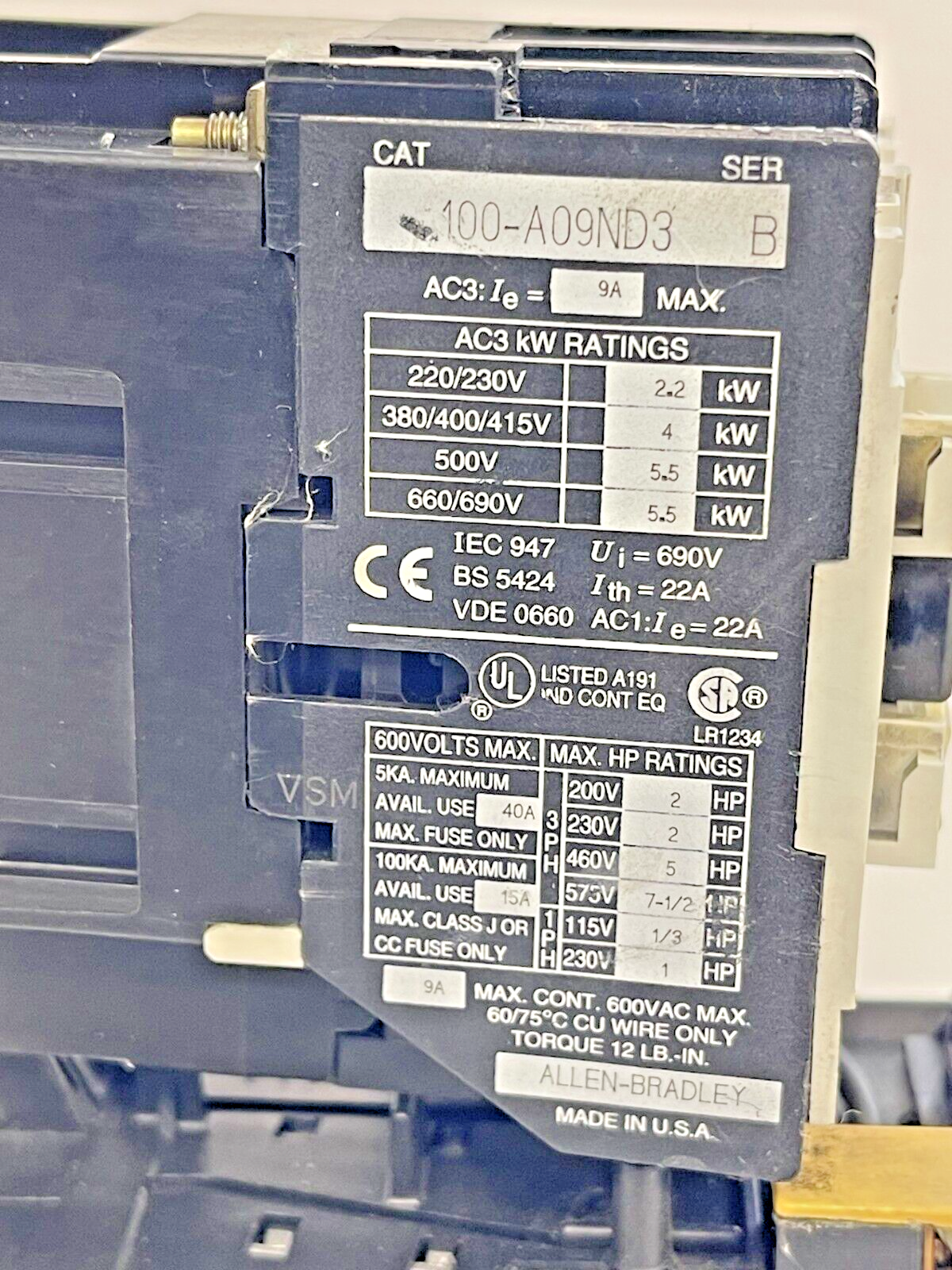 ALLEN BRADLEY - 100-A09ND3 SER. B CONTACTOR & 193-BSB 16 SER. B RELAY