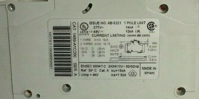 ALLEN BRADLEY 1489-A1C200 SER.A CIRCUIT BREAKER 277VAC 20A ***(LOTOF5)***